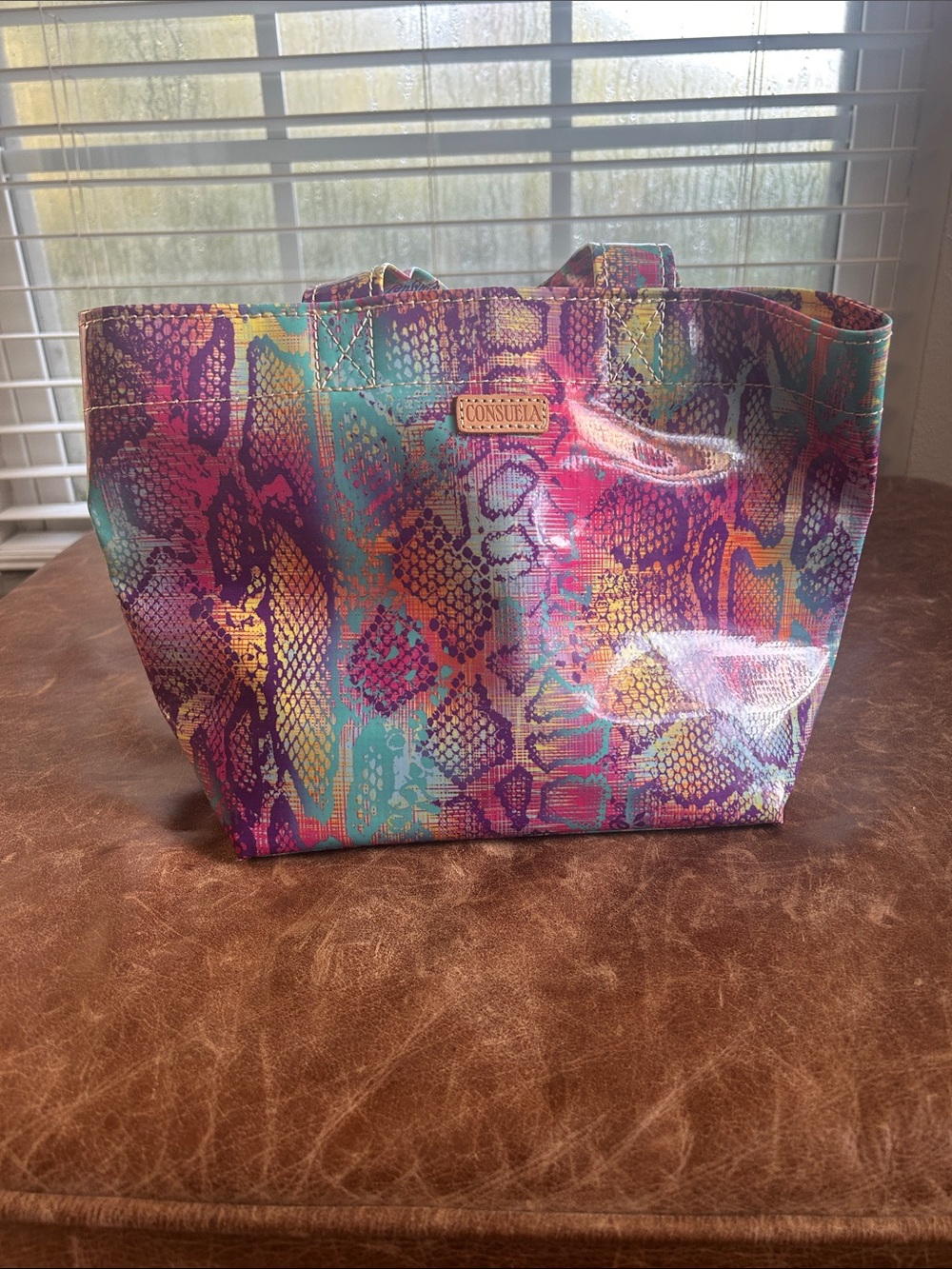 Consuela Grab N Go Mini Multicolor Snake-Print Tote in Pink, Purple, Teal & Gold